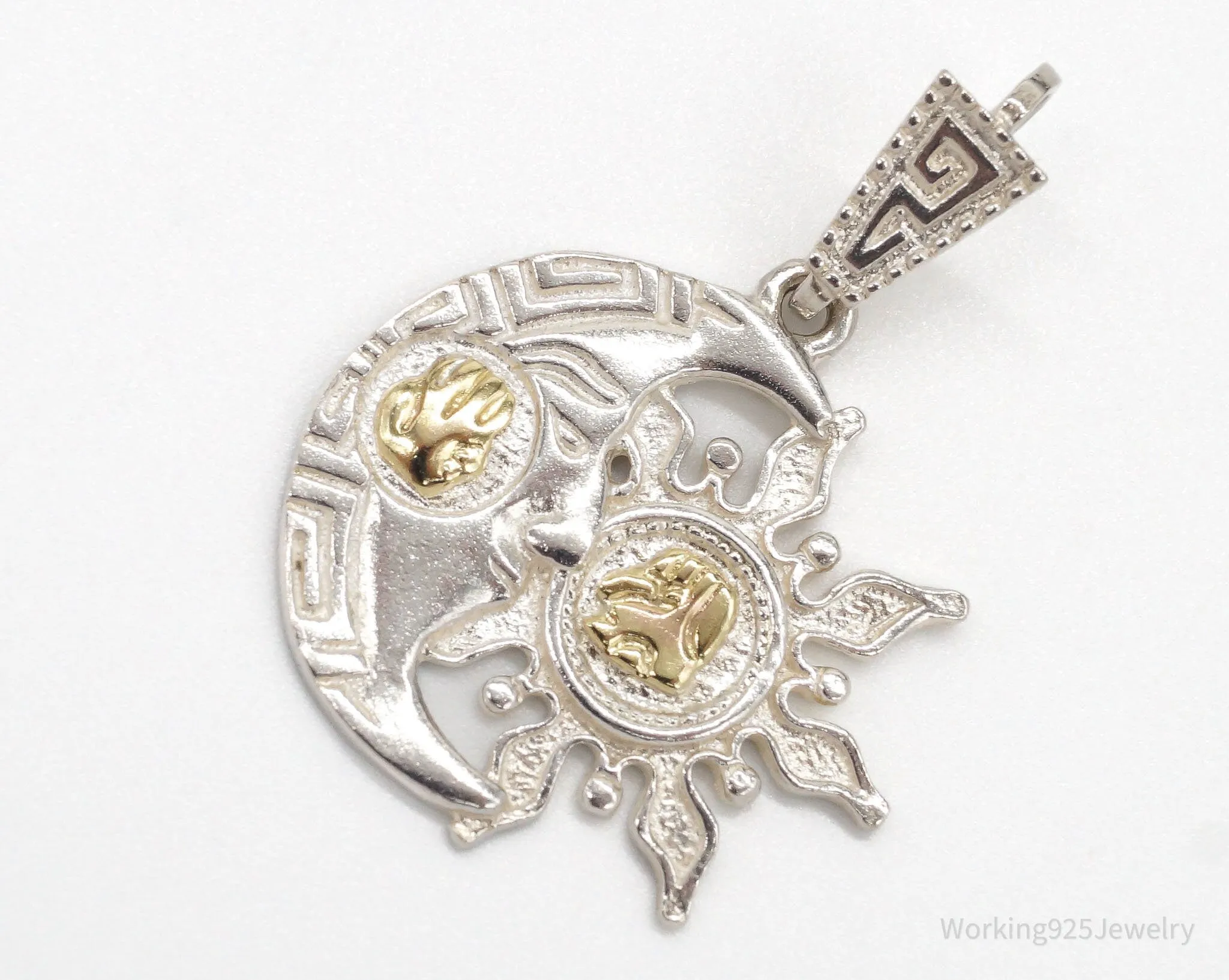 Vintage Large Mexican Tasman Sun & Moon Gold Vermeil Sterling Silver Pendant