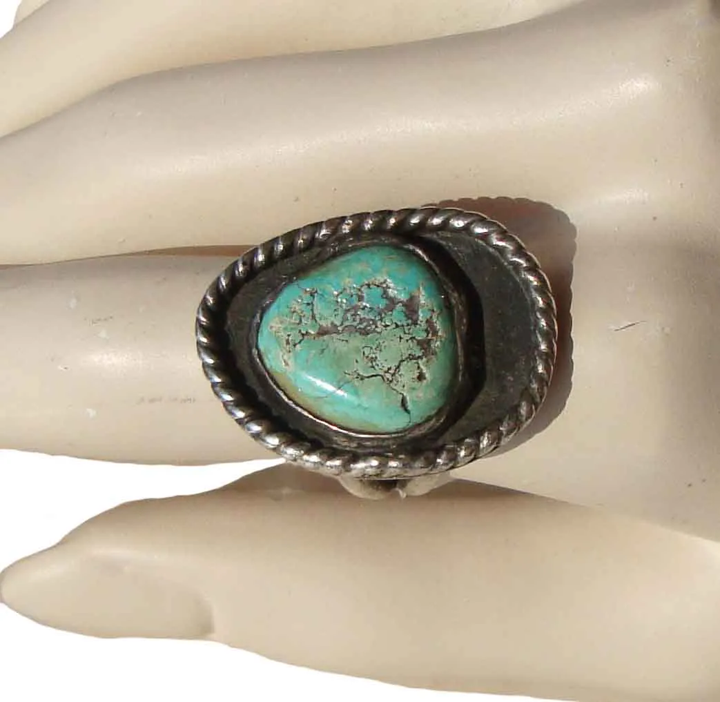 Vintage Old Pawn Ring Sterling & Turquoise Sz 9.5