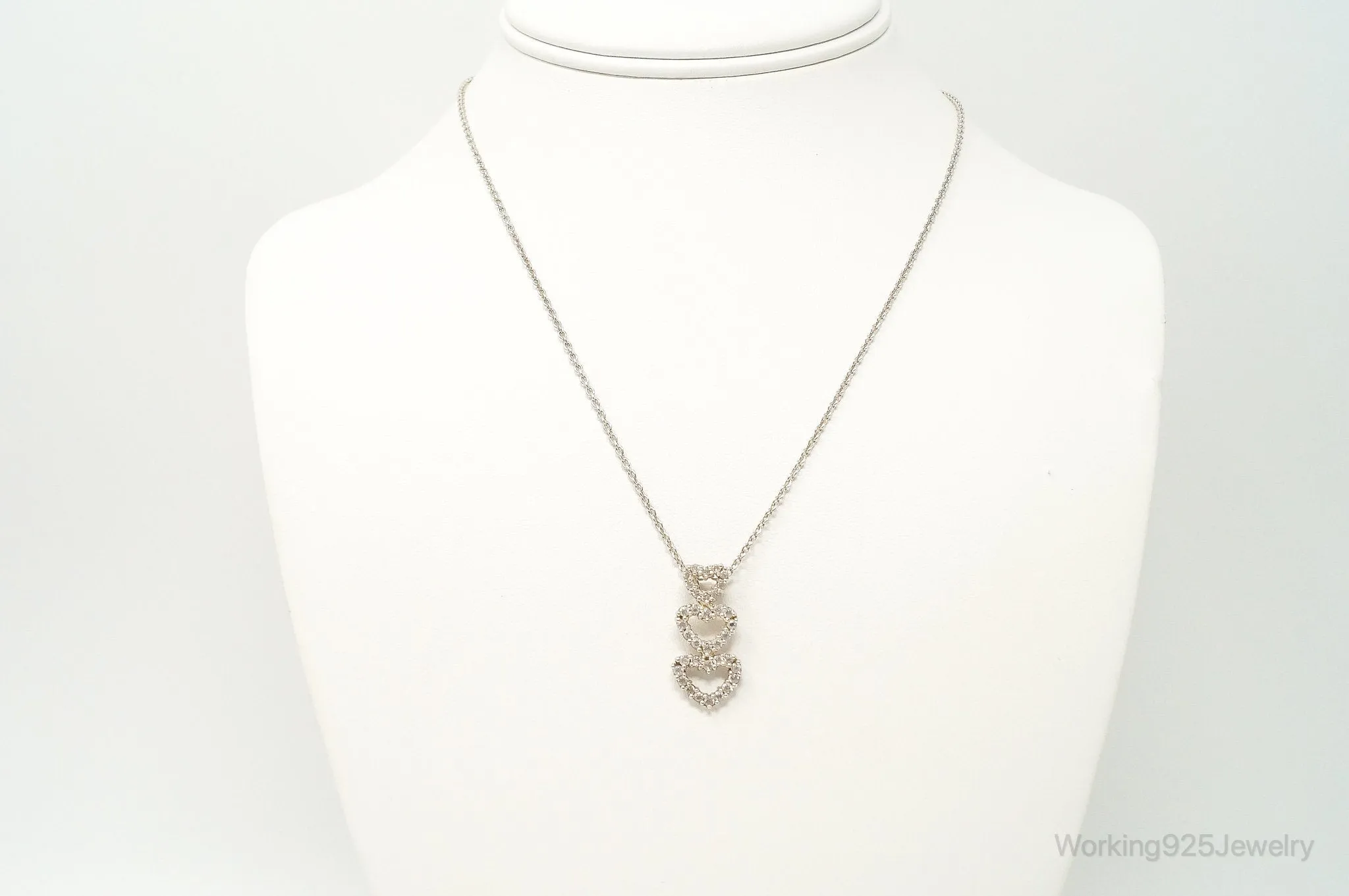 Vintage Open Hearts Cubic Zirconia Sterling Silver Necklace