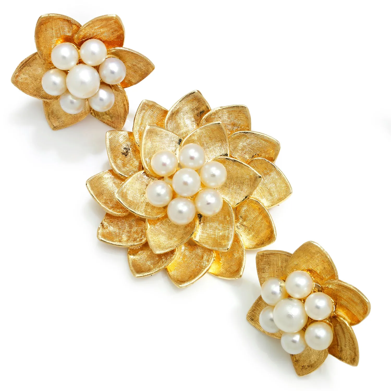 Vintage Pearl Cluster Flower Fan Earrings 14K Florentine Gold