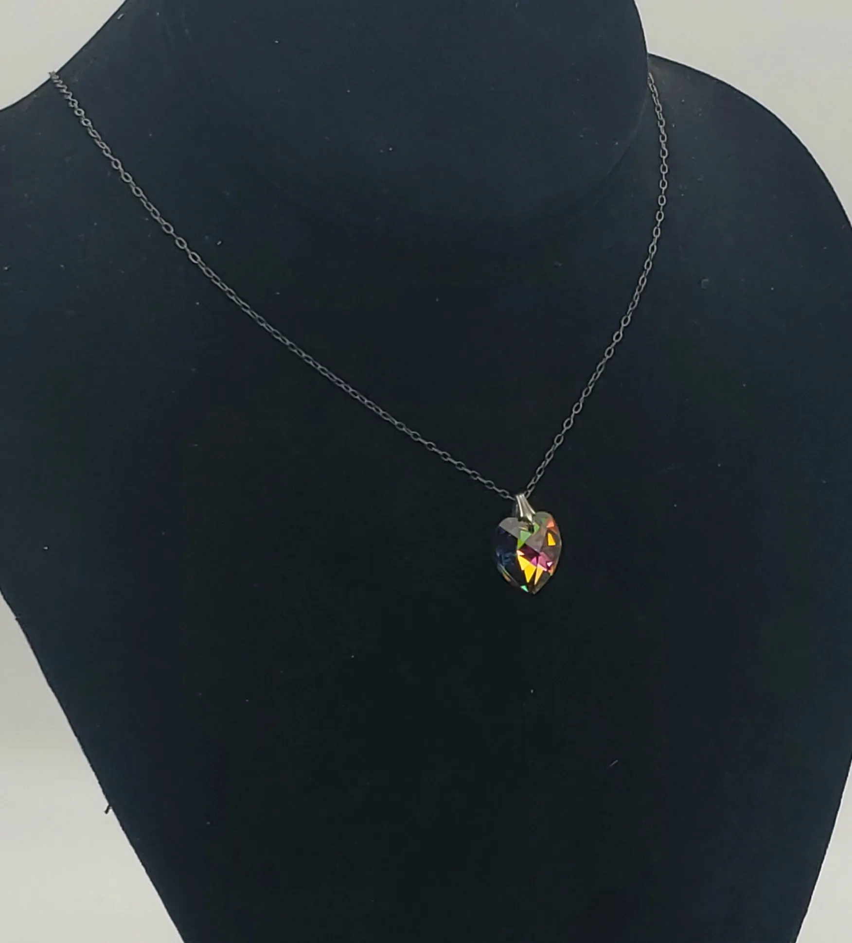 Vintage Prismatic Foil Back Glass Heart Pendant on Sterling Silver Chain Necklace - 18"