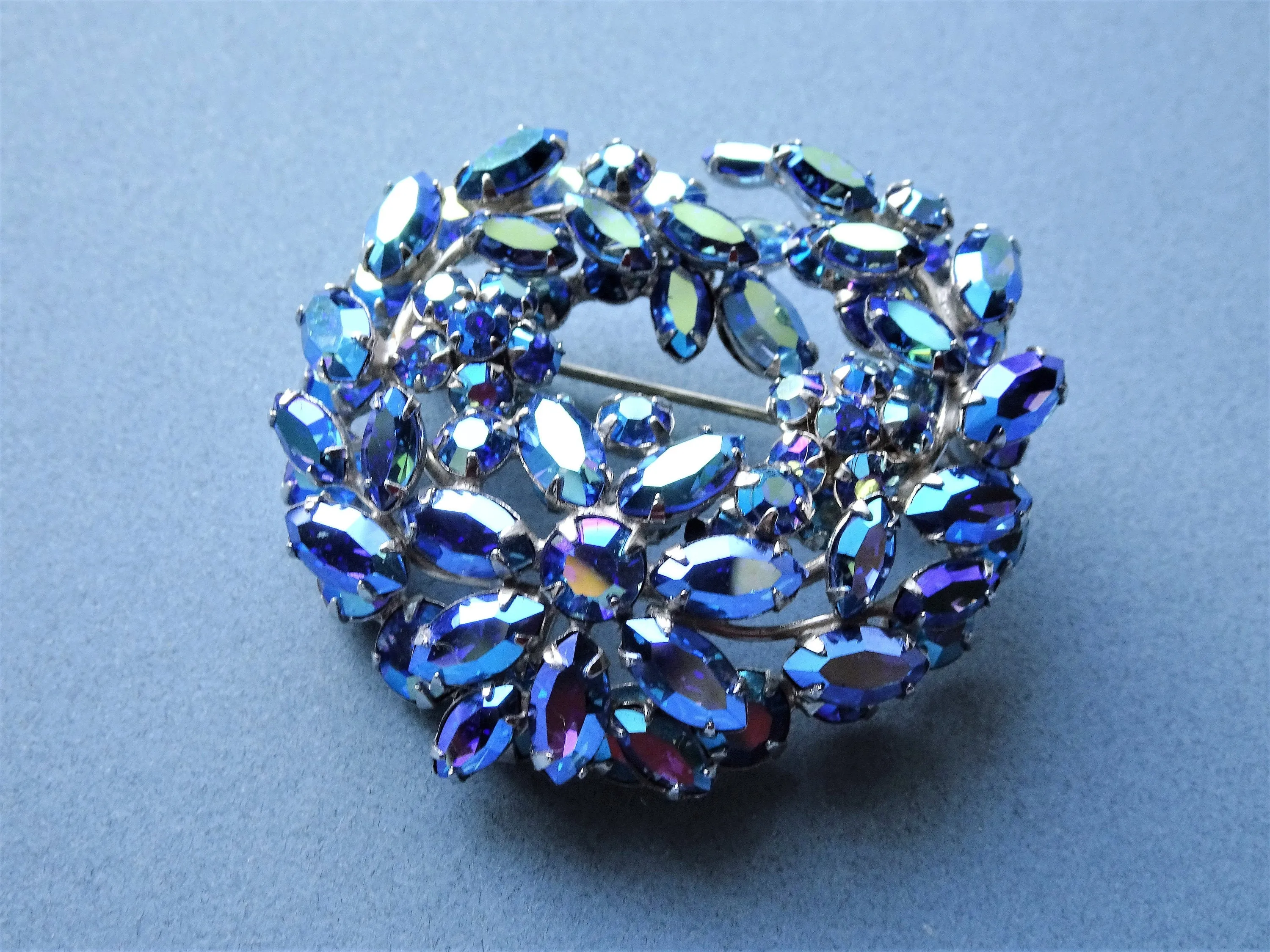 Vintage SHERMAN Signed Glittering AB BLUE Rhinestones,Multi Layered Swirl Brooch,Dazzling Swarovski Crystal,Collectible Jewelry,50s Brooches