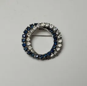 Vintage Silver Hoops Brooch with Clear and Blue Crystals