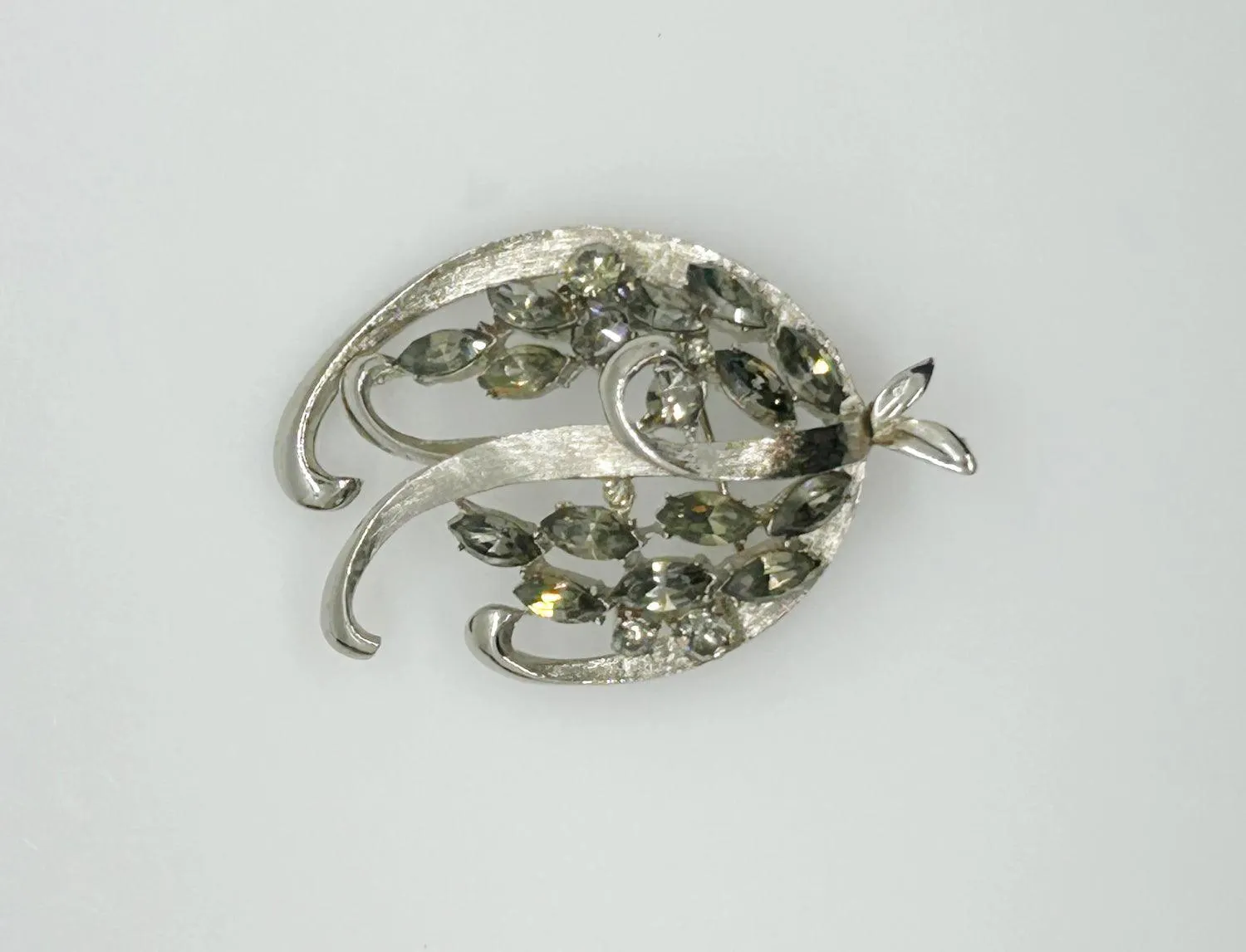 Vintage Silvery BSK Abstract Brooch with Silver Gray Rhinestones