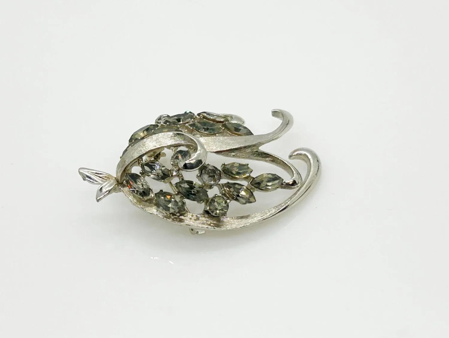 Vintage Silvery BSK Abstract Brooch with Silver Gray Rhinestones