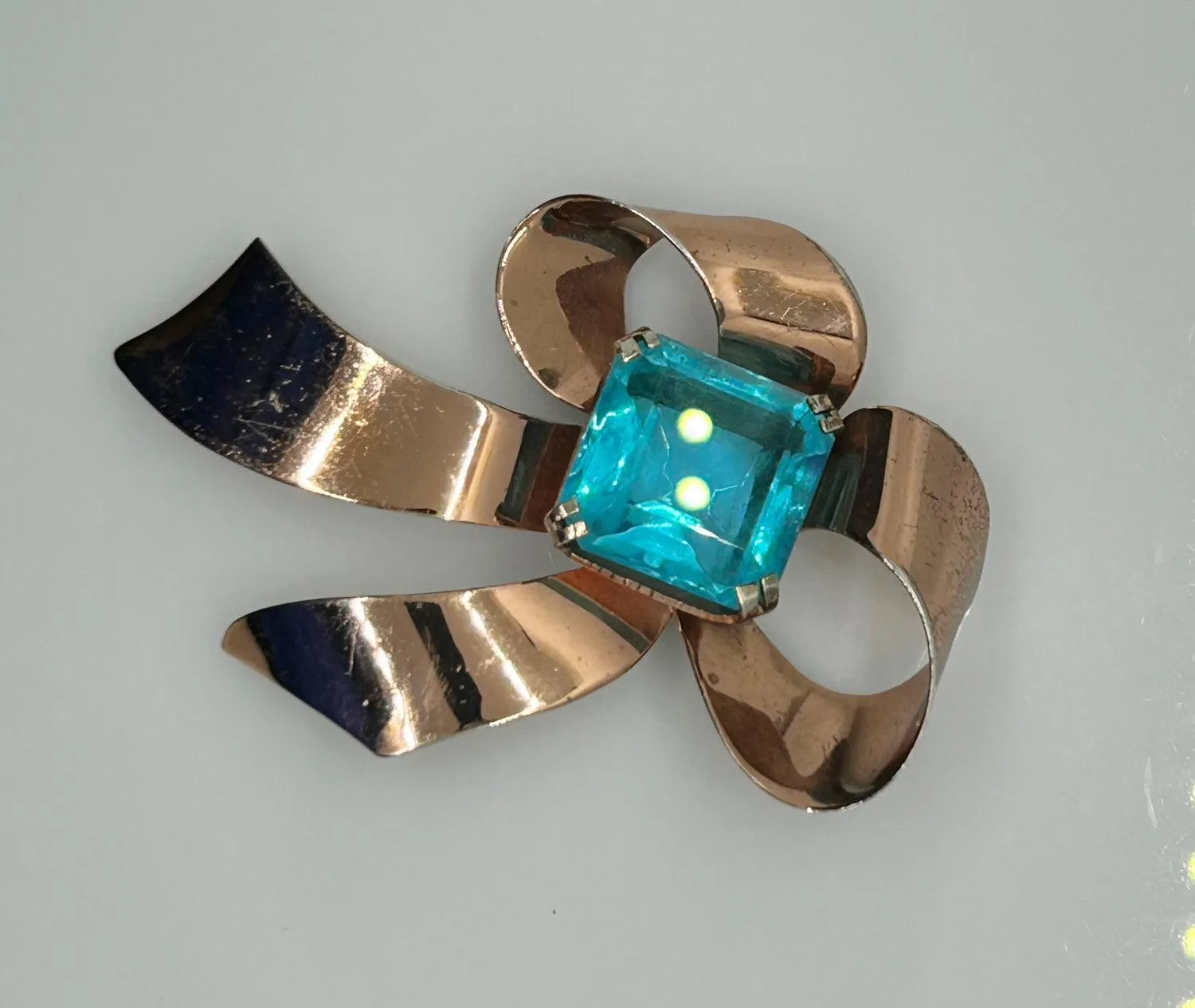 Vintage Sterling Bow Brooch with Large Square Aqua  Blue Stone