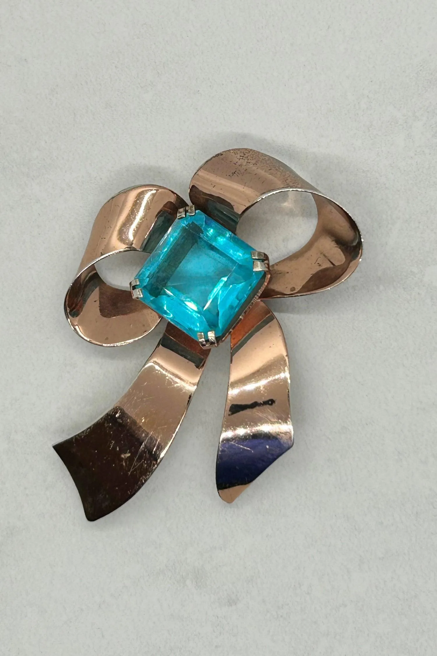 Vintage Sterling Bow Brooch with Large Square Aqua  Blue Stone