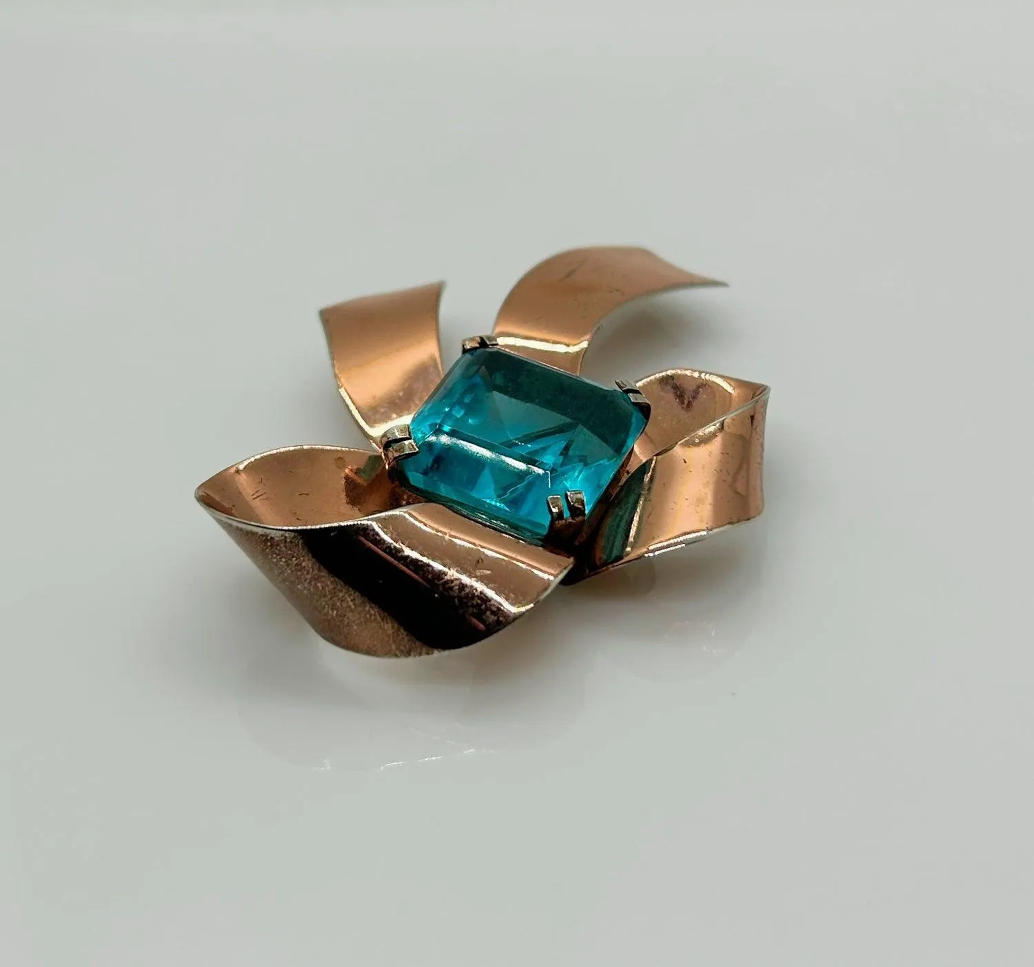 Vintage Sterling Bow Brooch with Large Square Aqua  Blue Stone