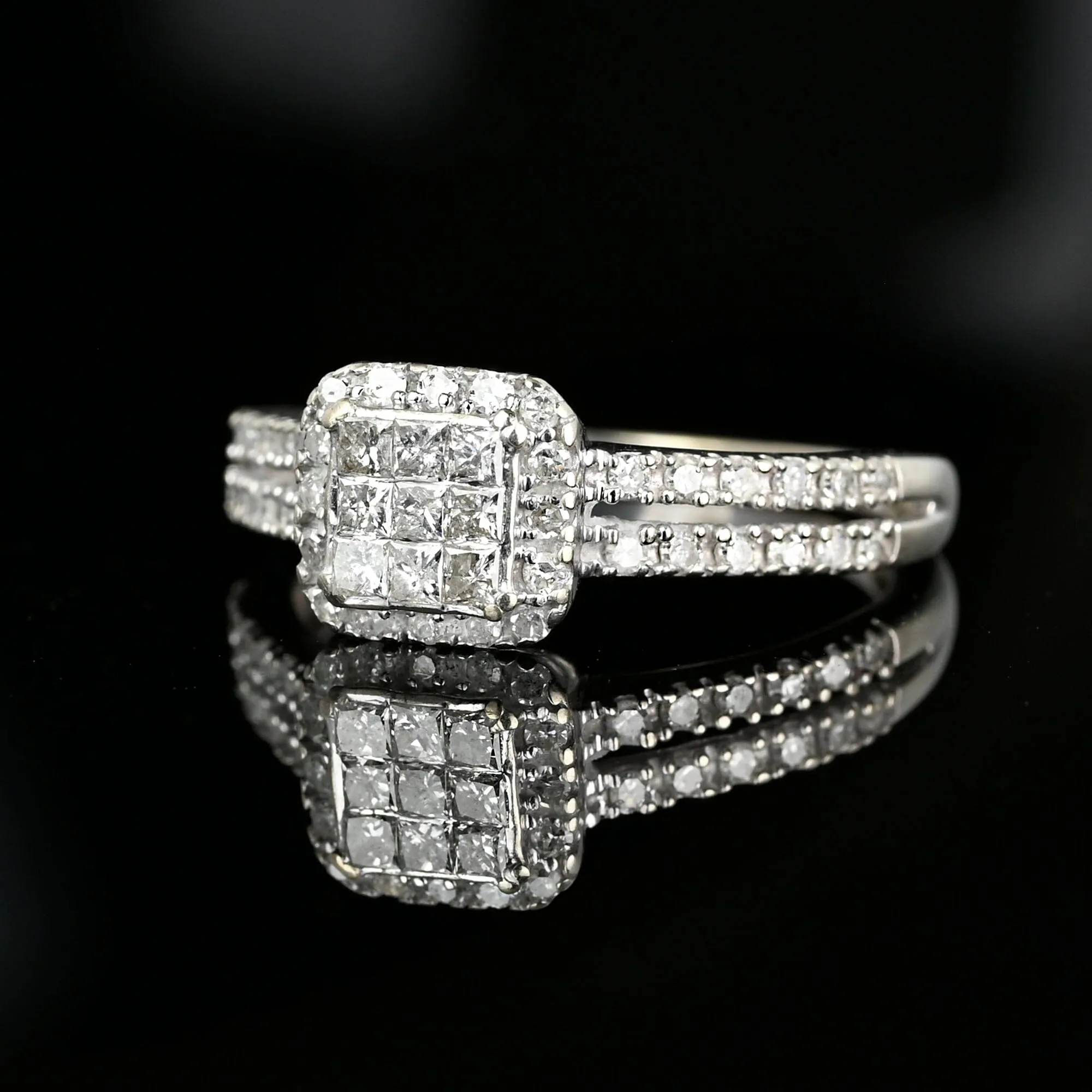 White Gold Square Cut Diamond Cluster Engagement Ring