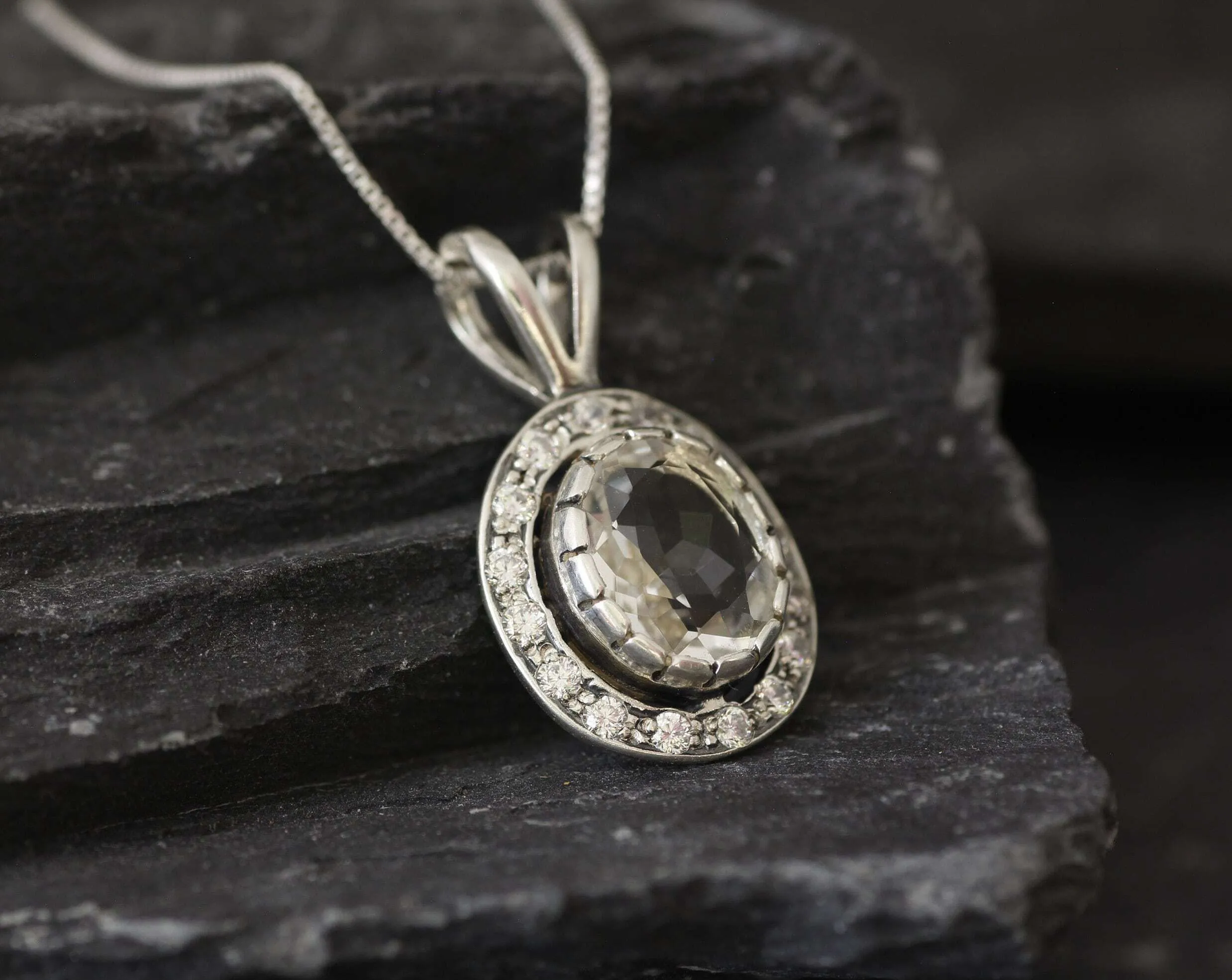 White Topaz Pendant - Vintage Topaz Necklace - White Halo Necklace