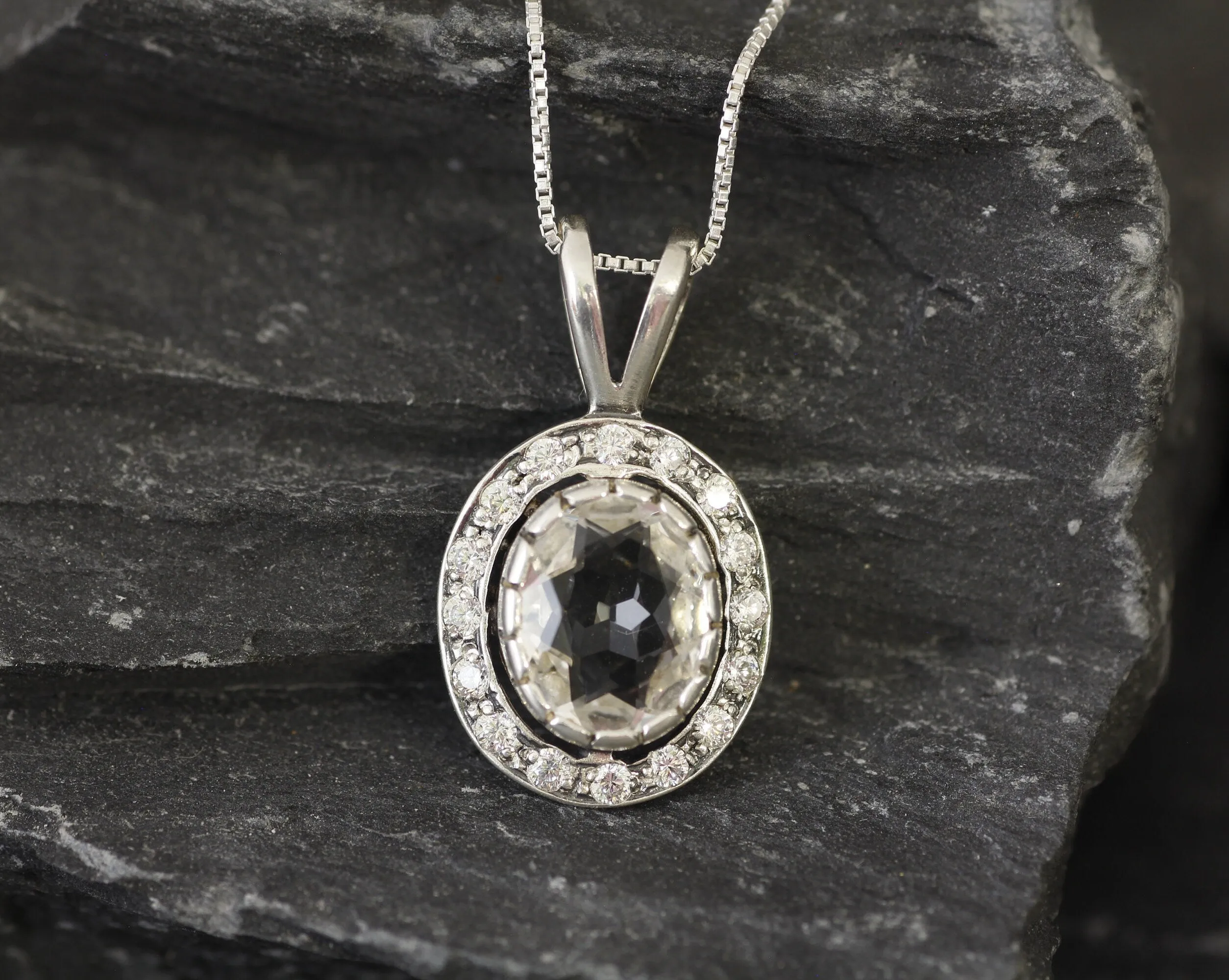 White Topaz Pendant - Vintage Topaz Necklace - White Halo Necklace