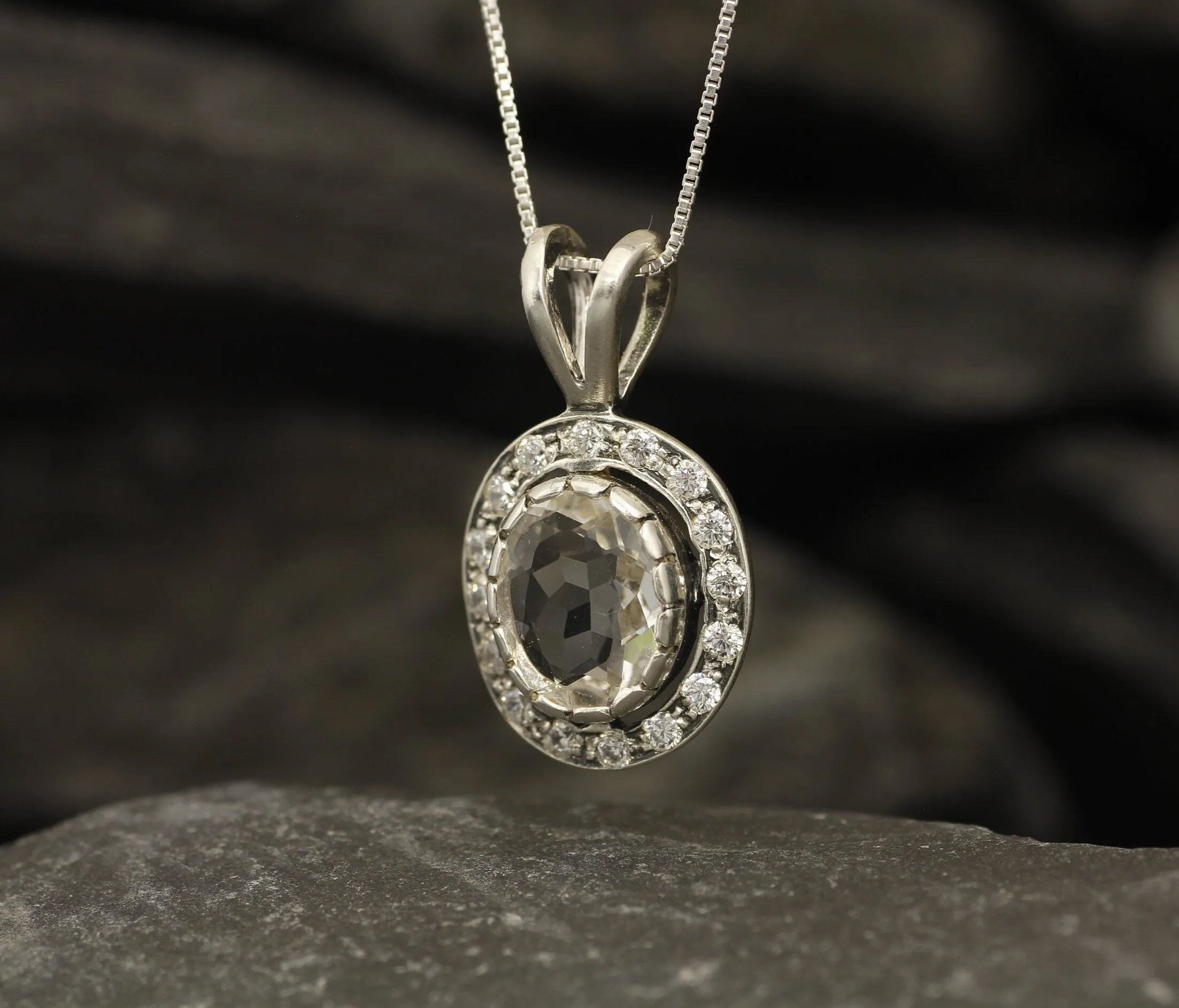 White Topaz Pendant - Vintage Topaz Necklace - White Halo Necklace