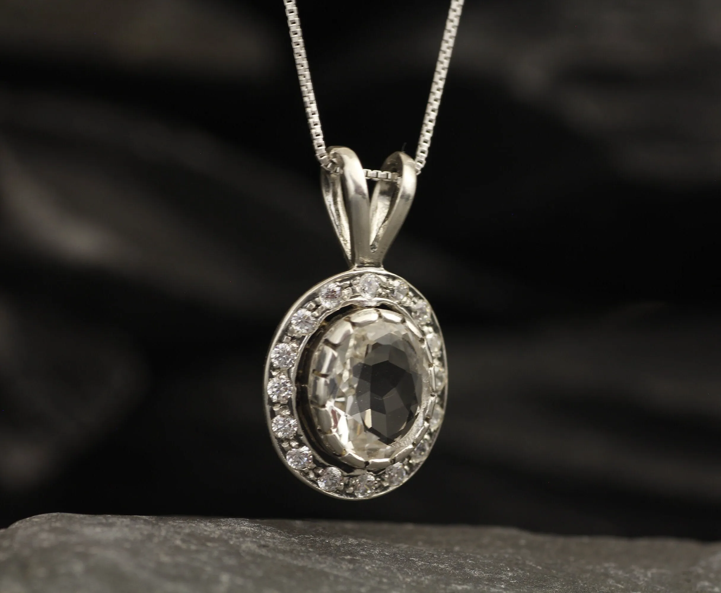 White Topaz Pendant - Vintage Topaz Necklace - White Halo Necklace