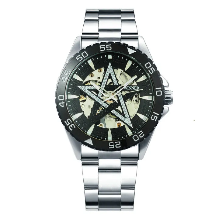 WINNER Official Brand Hollow Men's Watch Automatic Mechanical Watch Stainless Steel Strap