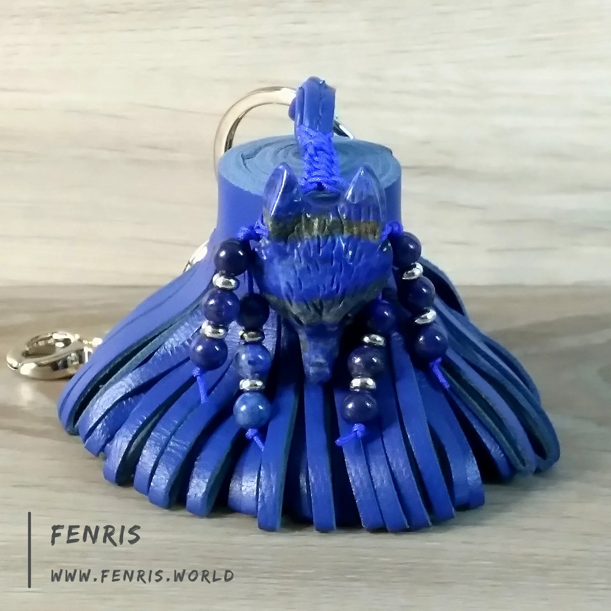 Wolf Keychain Leather Tassel Blue Lapis Lazuli Handmade