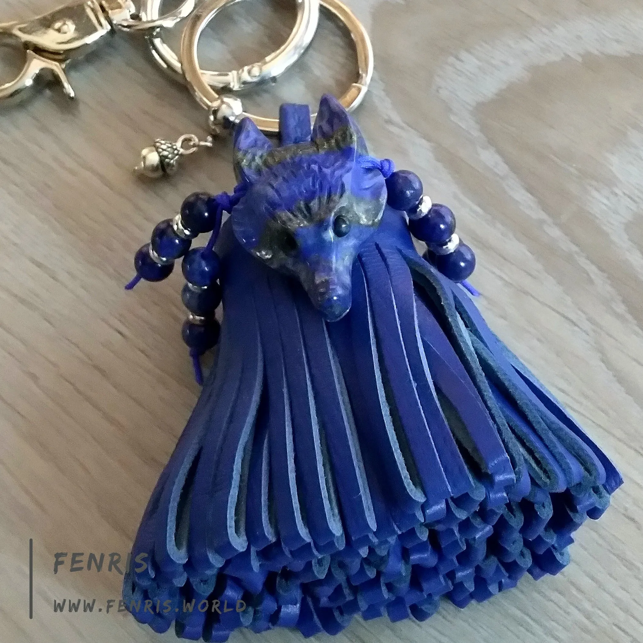 Wolf Keychain Leather Tassel Blue Lapis Lazuli Handmade