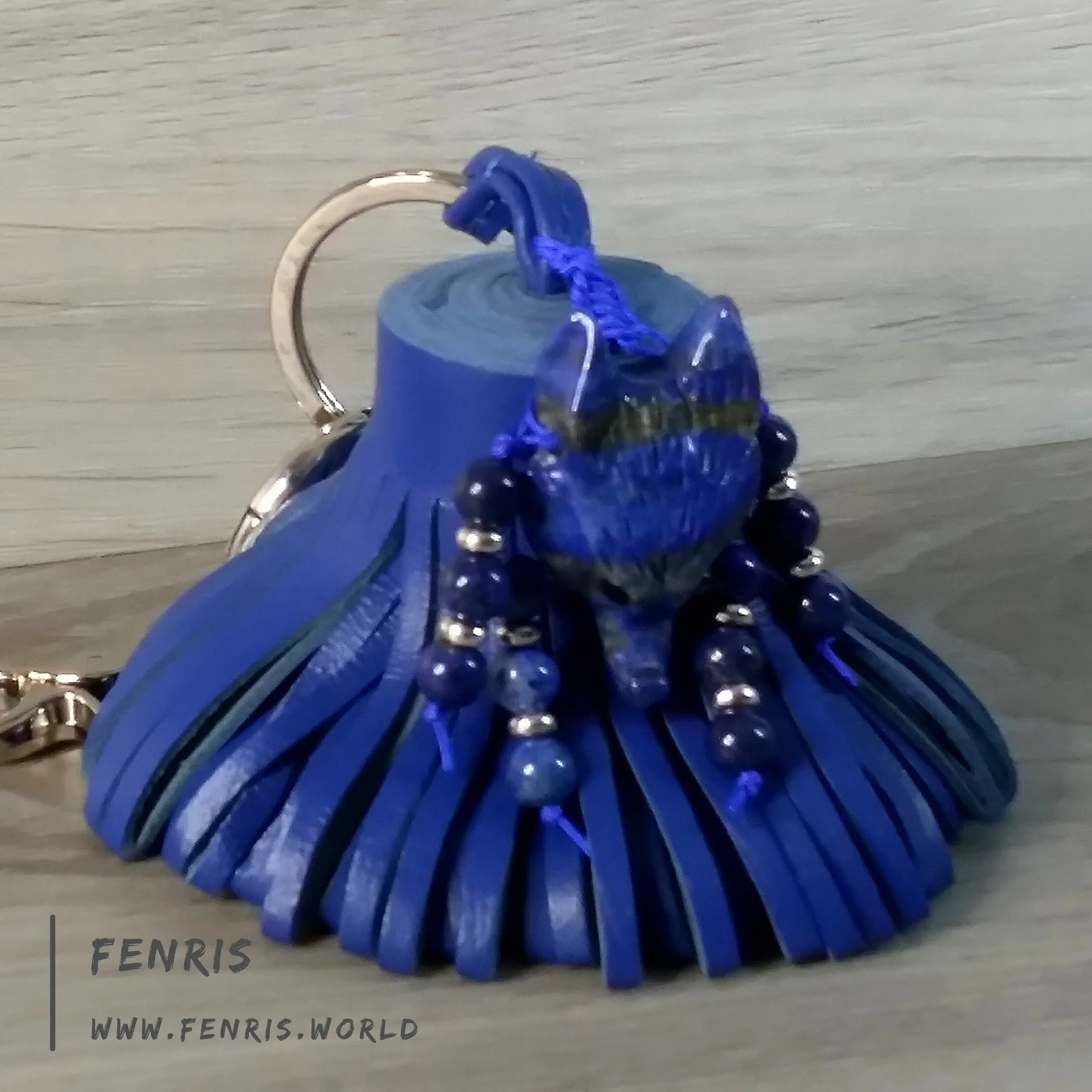 Wolf Keychain Leather Tassel Blue Lapis Lazuli Handmade