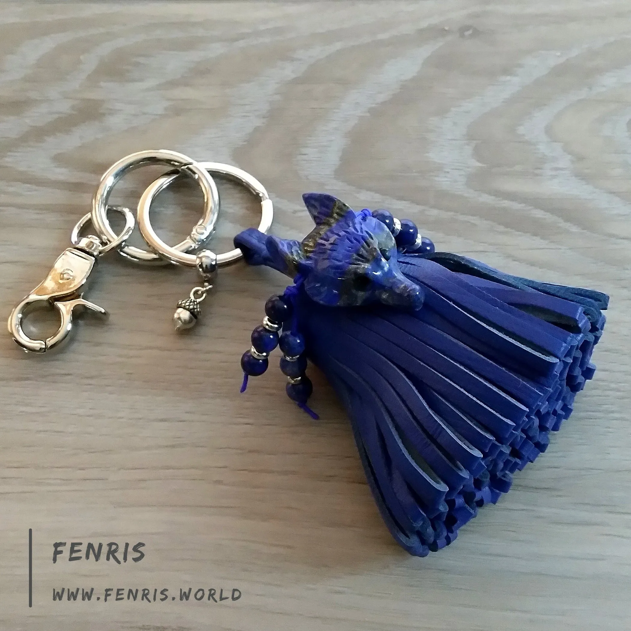 Wolf Keychain Leather Tassel Blue Lapis Lazuli Handmade