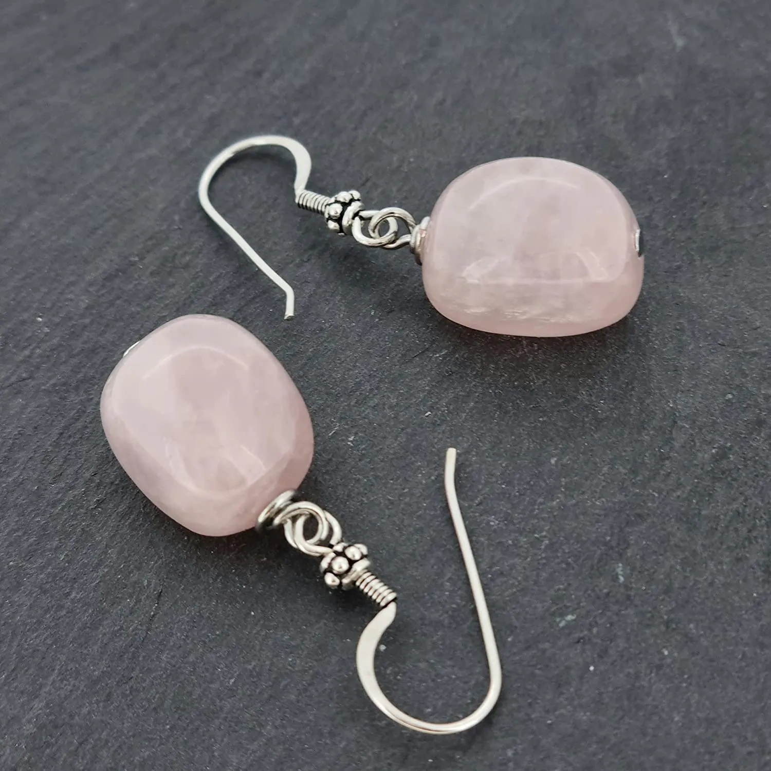 Women's Handmade Natural Rose Quartz Sterling Silver Drop Earrings