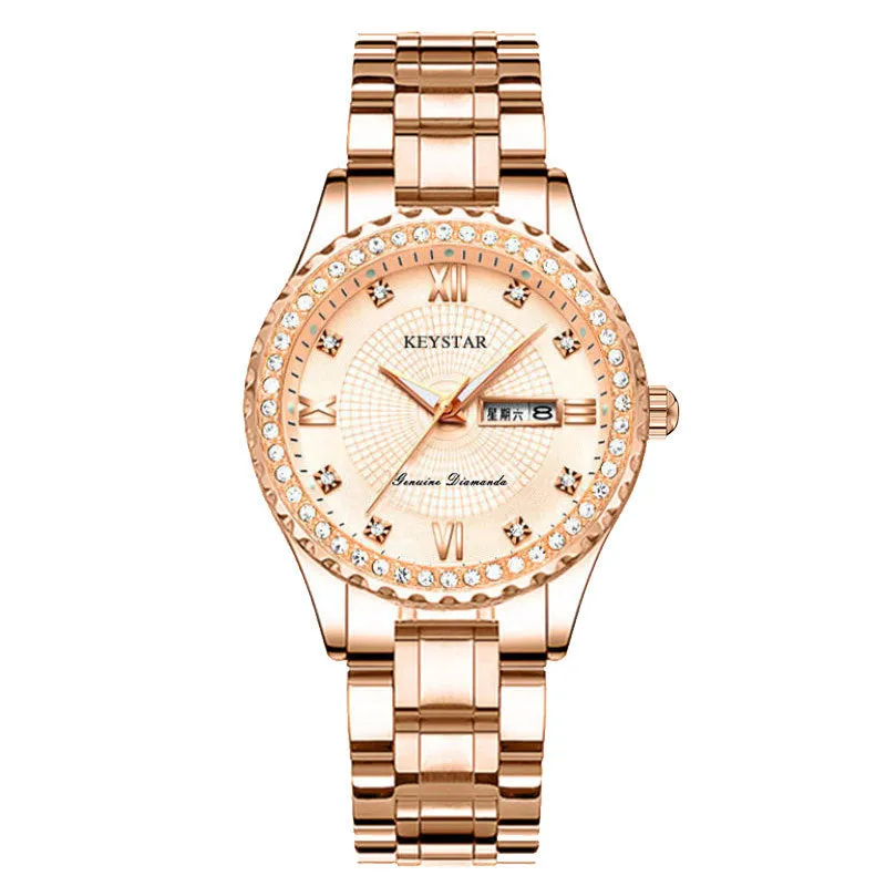 Women's Waterproof Luminous Diamond Double Calendar Korean Style Female Student Watch Quartz