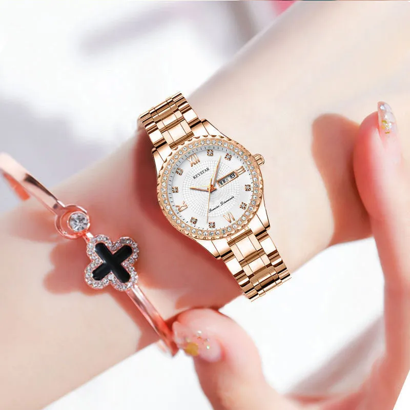 Women's Waterproof Luminous Diamond Double Calendar Korean Style Female Student Watch Quartz