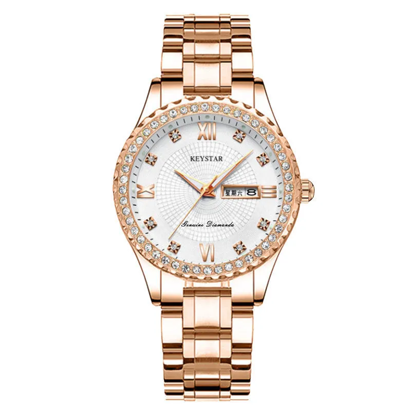 Women's Waterproof Luminous Diamond Double Calendar Korean Style Female Student Watch Quartz