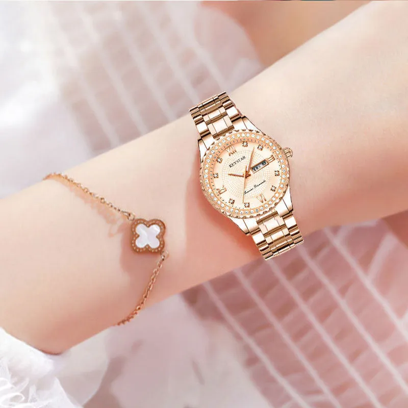 Women's Waterproof Luminous Diamond Double Calendar Korean Style Female Student Watch Quartz