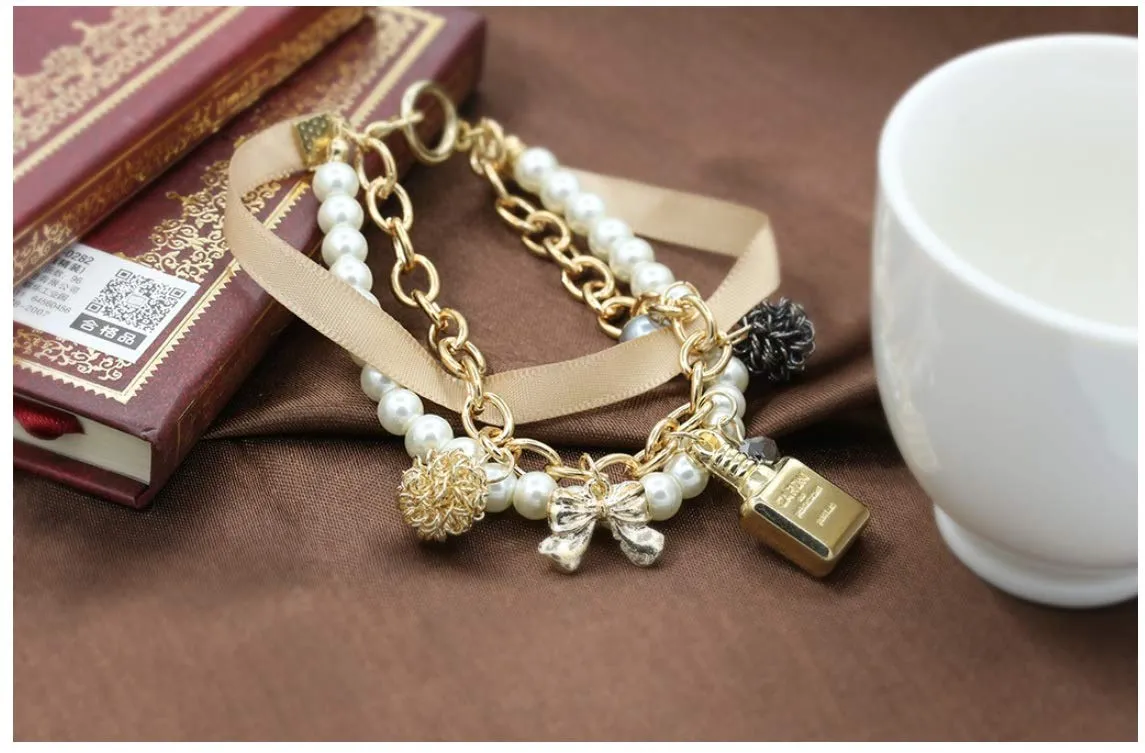 Yellow Chimes Exclusive Stylish Bowknot Multilayer Pearl Gold Plated Charm Bracelet for Women and Girls