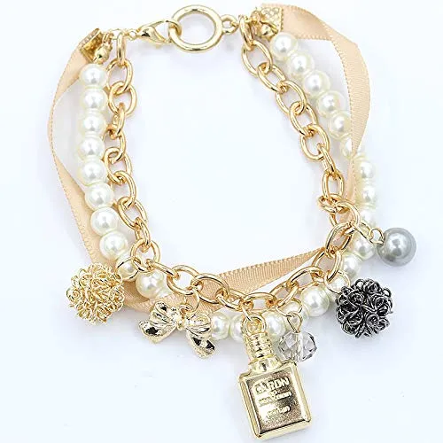 Yellow Chimes Exclusive Stylish Bowknot Multilayer Pearl Gold Plated Charm Bracelet for Women and Girls