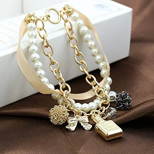 Yellow Chimes Exclusive Stylish Bowknot Multilayer Pearl Gold Plated Charm Bracelet for Women and Girls