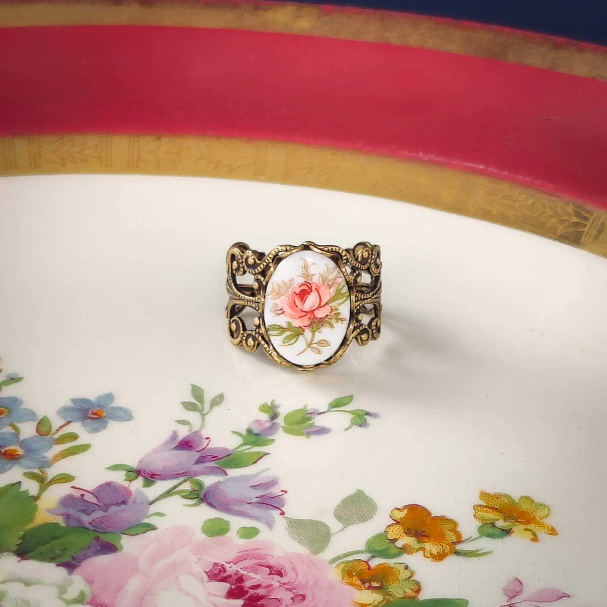 Yellow Rose Cameo Ring on Vintage Style Filigree Adjustable Ring in Silver or Brass Choose from Pink, Blue, or Yellow