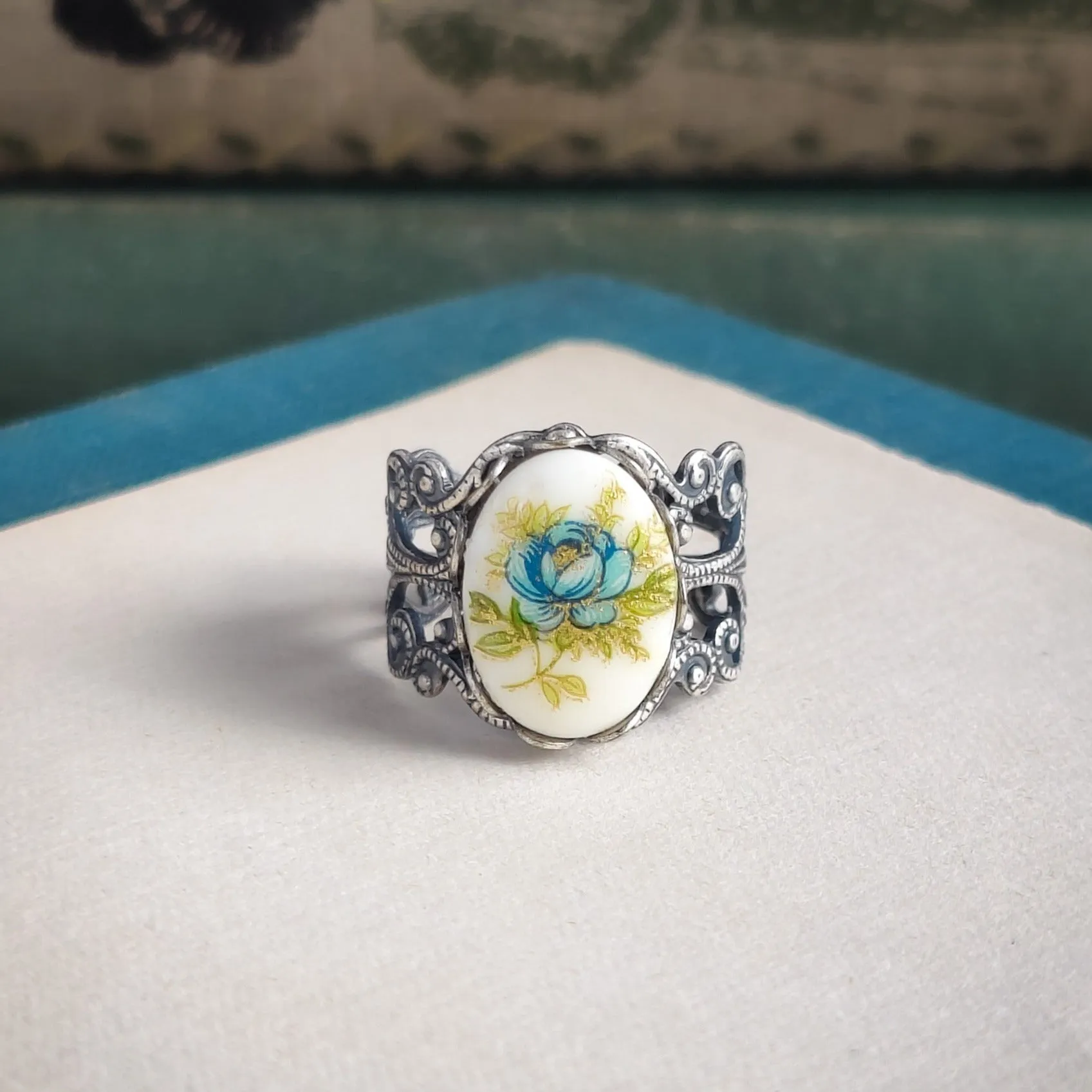 Yellow Rose Cameo Ring on Vintage Style Filigree Adjustable Ring in Silver or Brass Choose from Pink, Blue, or Yellow