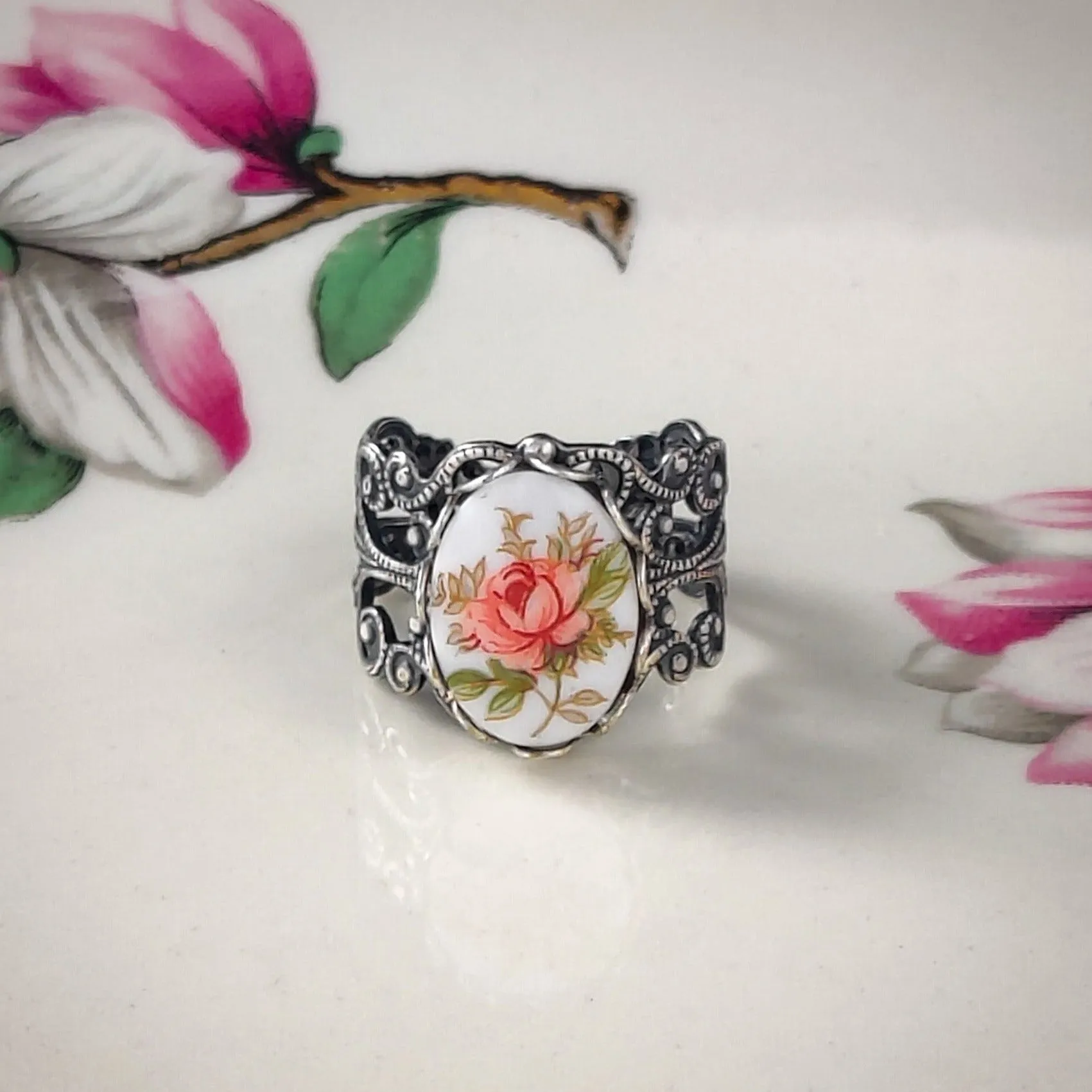 Yellow Rose Cameo Ring on Vintage Style Filigree Adjustable Ring in Silver or Brass Choose from Pink, Blue, or Yellow