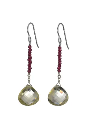 Yelow Lemon Quartz, Red Garnet Long Gemstone Earrings